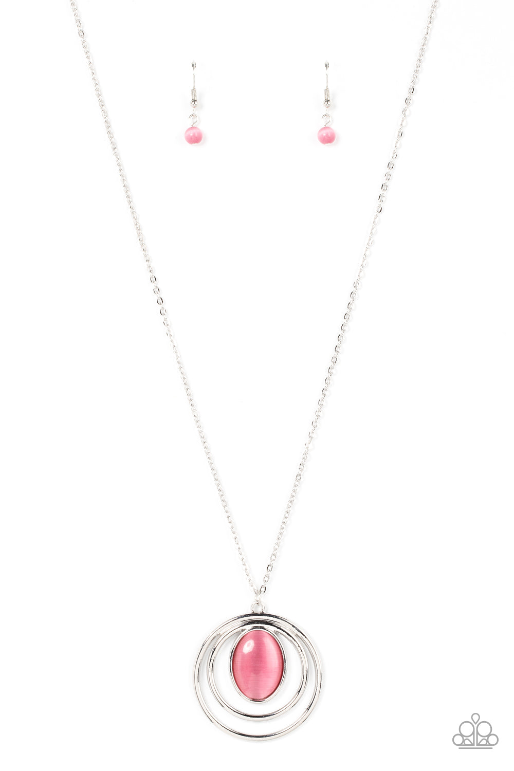 Epicenter of Elegance - Pink Cat's Eye Stone Silver Circle Medium-Length Necklace