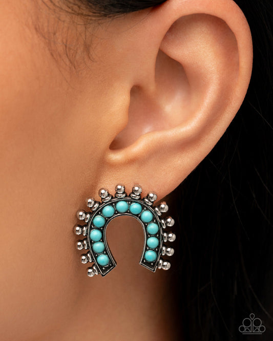 Equestrian Embellishment - Blue Turquoise Stones in Silver Horseshoe Post Earrings - Pink Friday, Advent Calendar Exclusive