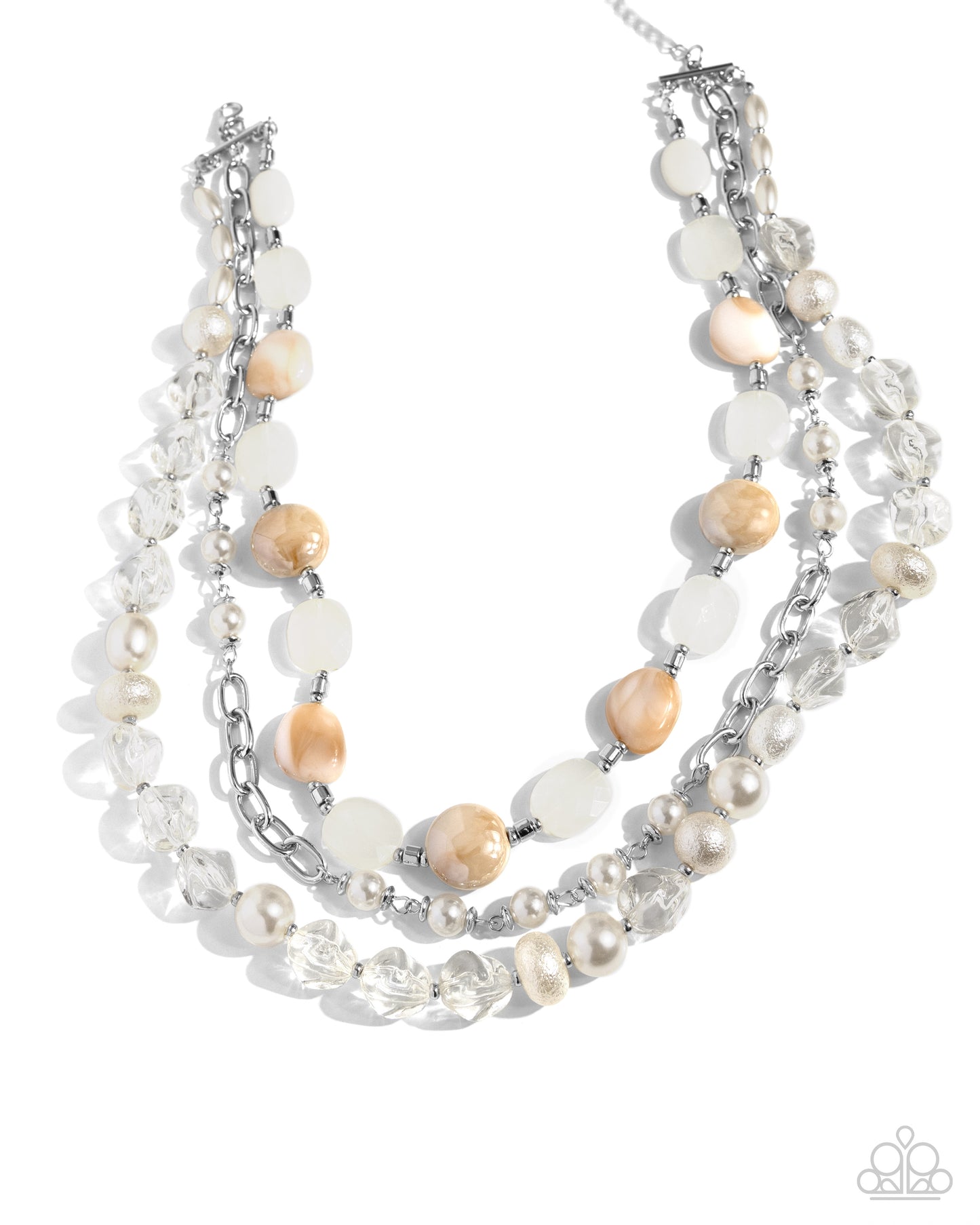 Essential Elegance - White and Brown Pearl Silvery Layered Short Necklace