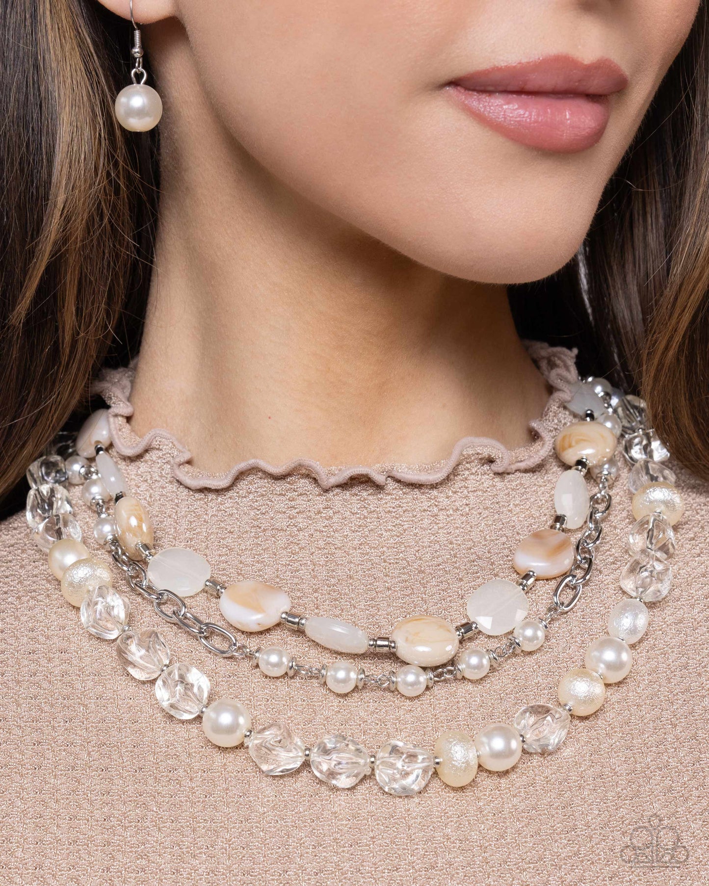 Essential Elegance - White and Brown Pearl Silvery Layered Short Necklace