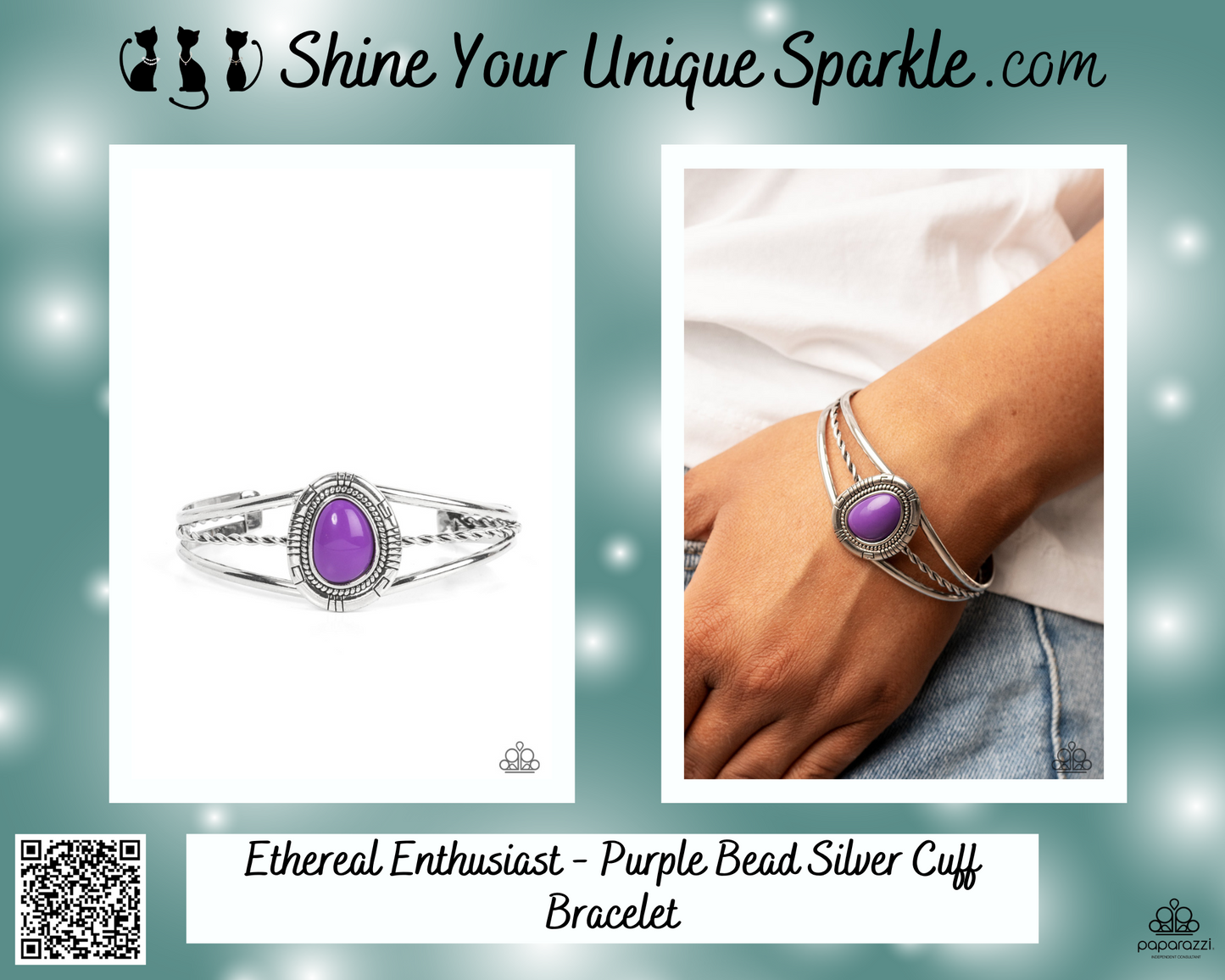 Ethereal Enthusiast - Purple Bead Silver Cuff Bracelet