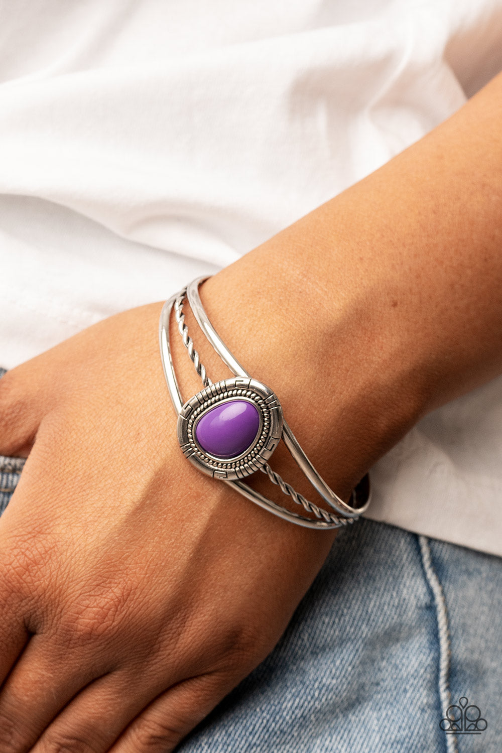 Ethereal Enthusiast - Purple Bead Silver Cuff Bracelet