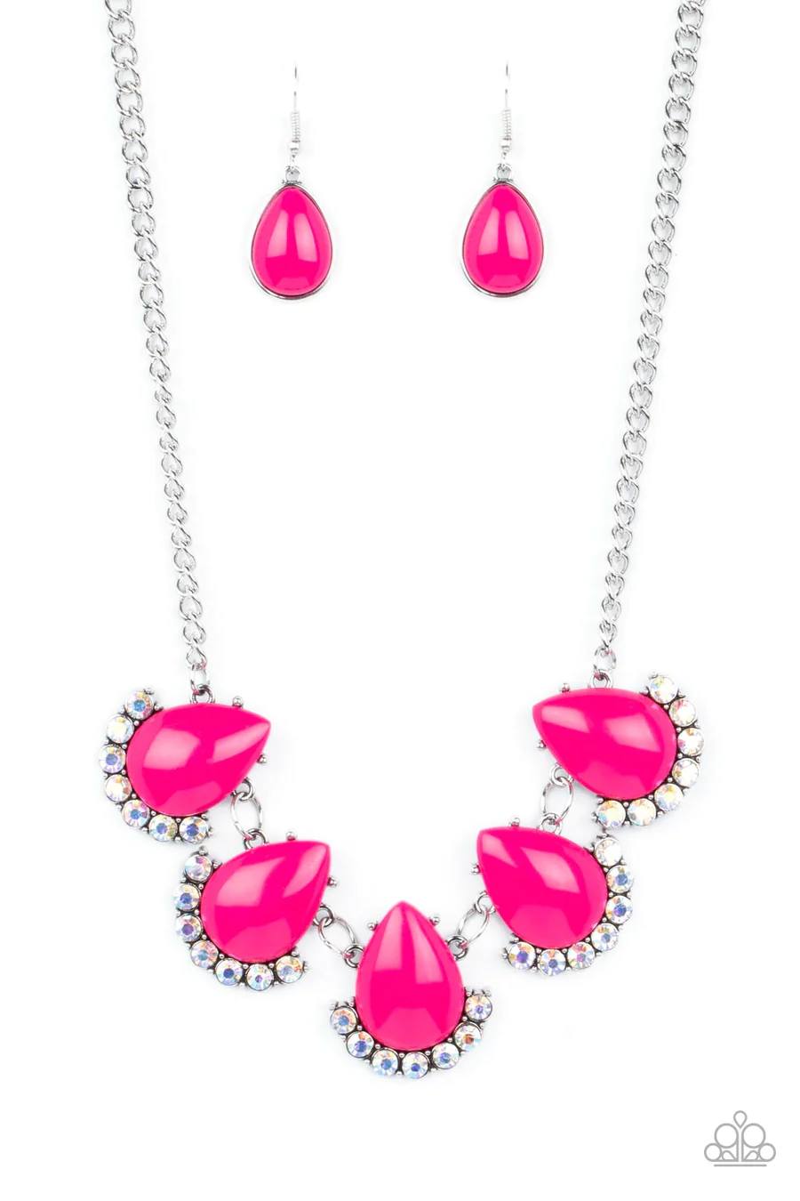 Ethereal Exaggerations - Pink Bead Iridescent Rhinestone Silver Short Necklace