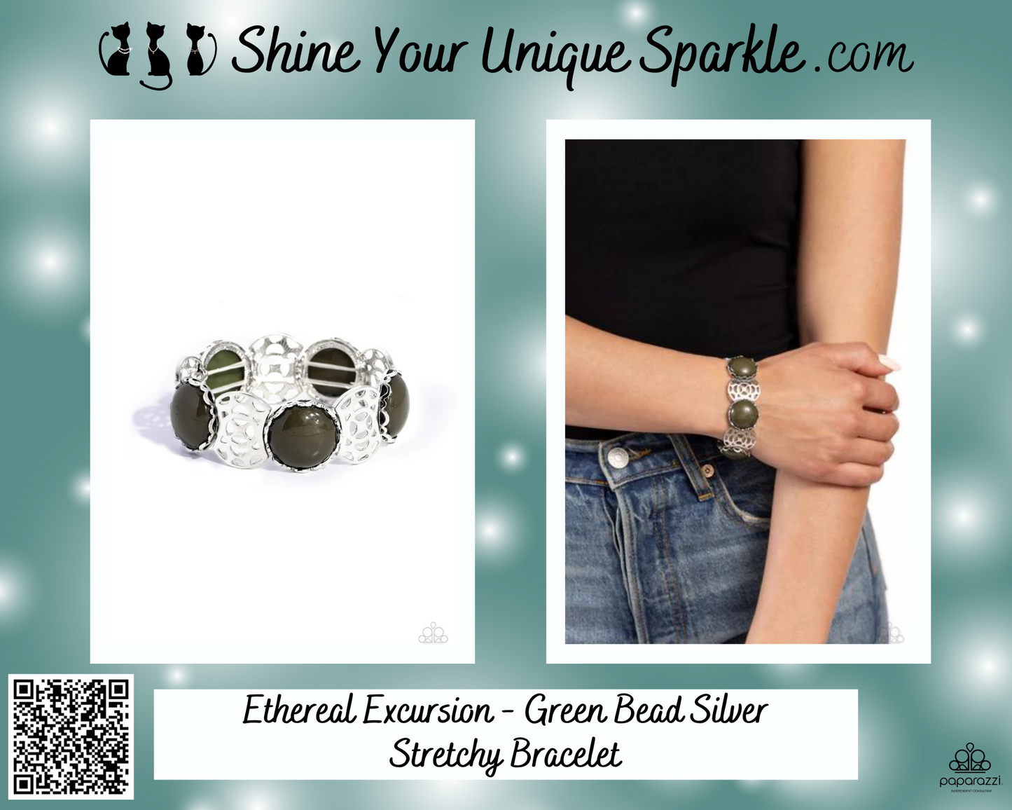 Ethereal Excursion - Green Bead Silver Stretchy Bracelet