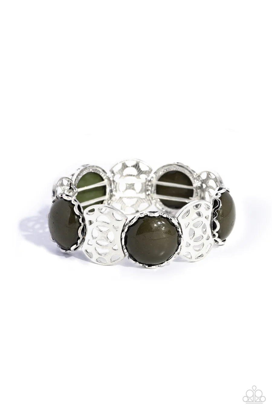 Ethereal Excursion - Green Bead Silver Stretchy Bracelet