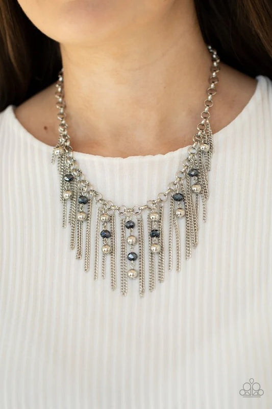 Ever Rebellious - Blue Metallic Crystal Silver Fringe Short Necklace