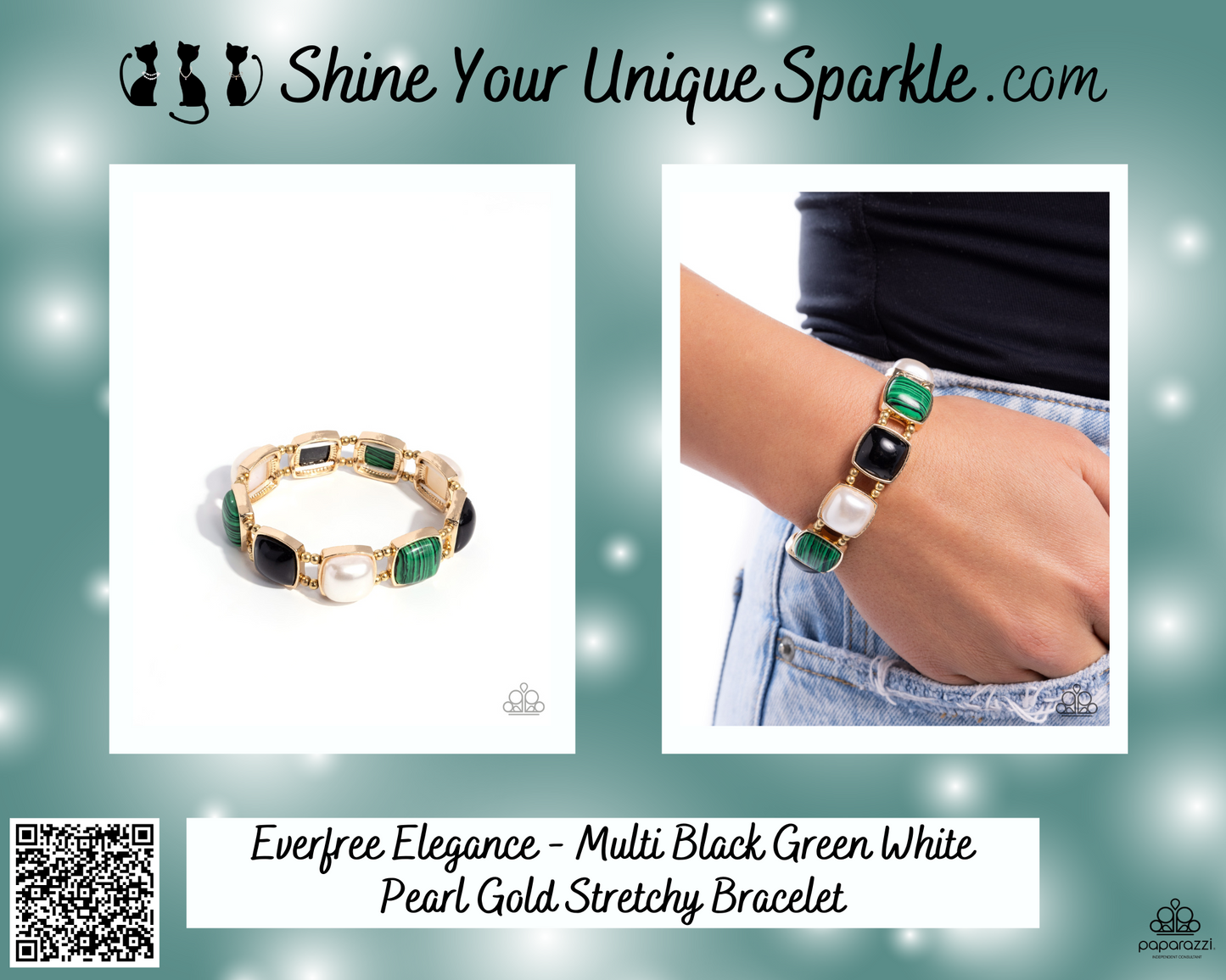 Everfree Elegance - Multi Black Green White Pearl Gold Stretchy Bracelet