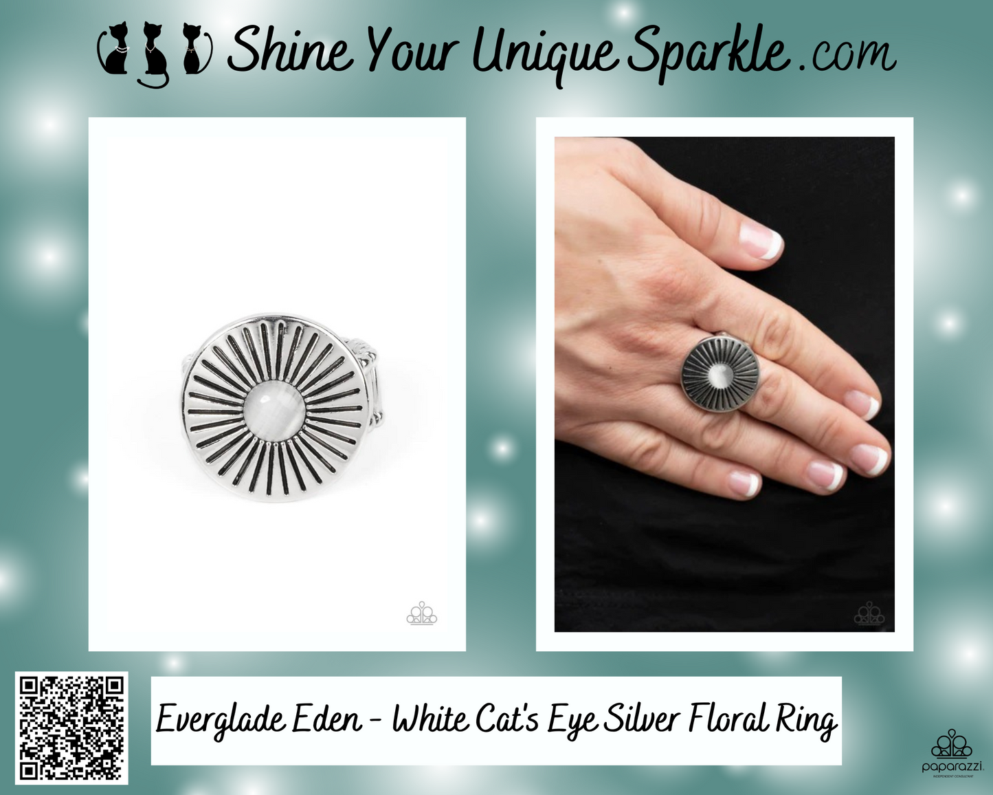 Everglade Eden - White Cat's Eye Silver Floral Ring