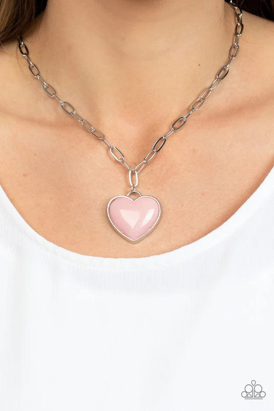 Everlasting Endearment - Pink Stone Silver Heart Short Necklace