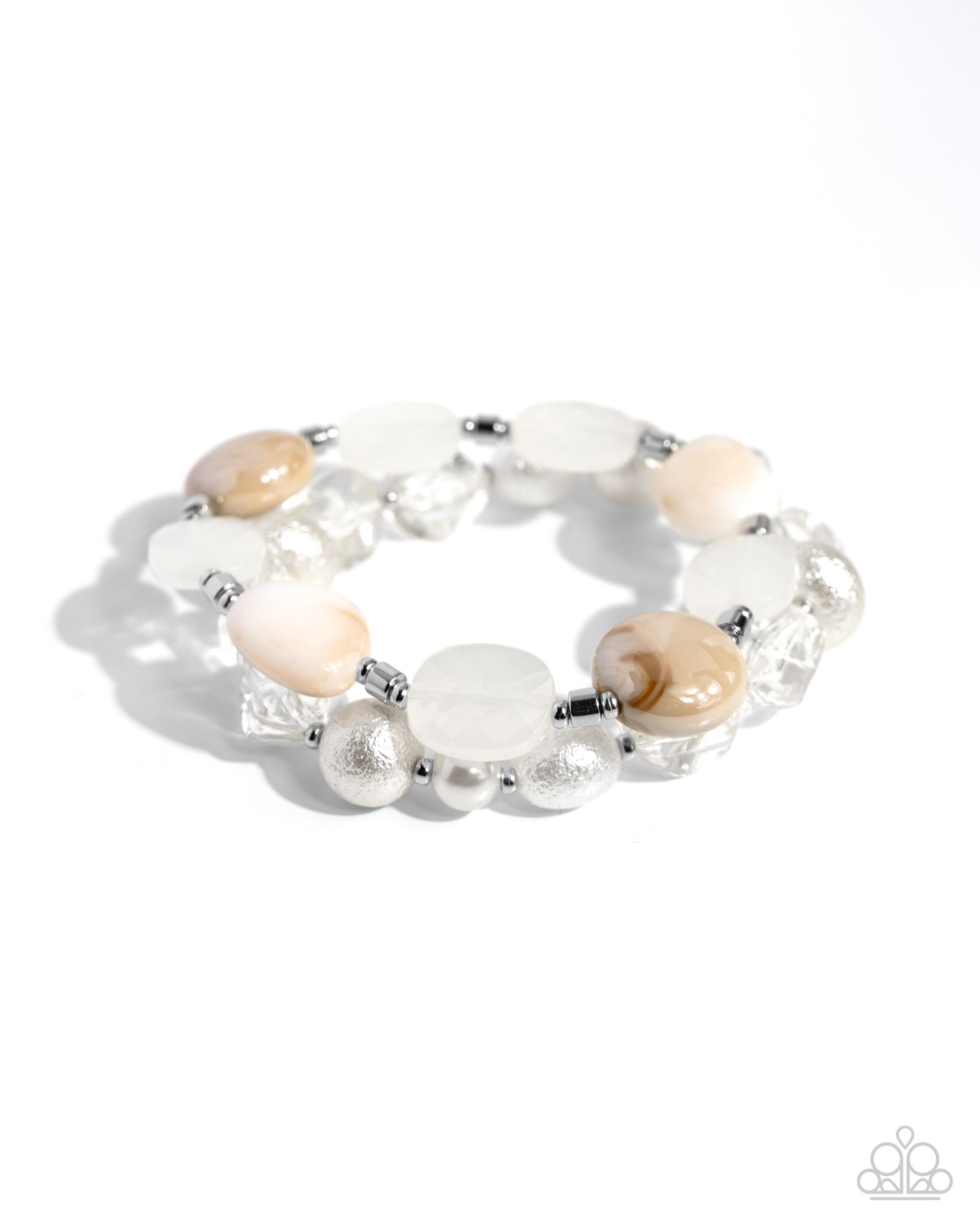 Everyday Essentials - White and Brown Pearl Silver Stretchy Bracelet Set