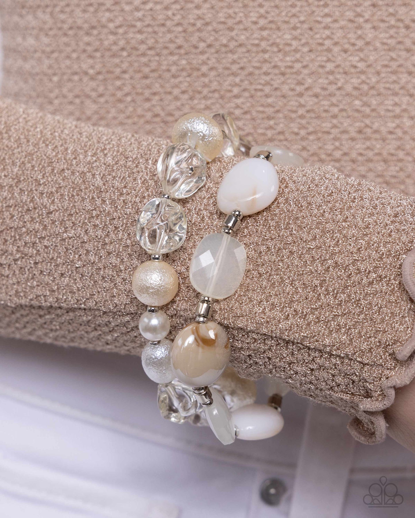 Everyday Essentials - White and Brown Pearl Silver Stretchy Bracelet Set