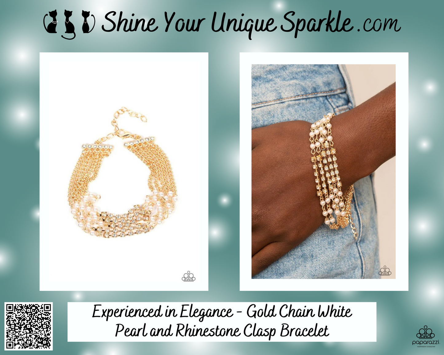 Experienced in Elegance - Gold Chain White Pearl and Rhinestone Clasp Bracelet