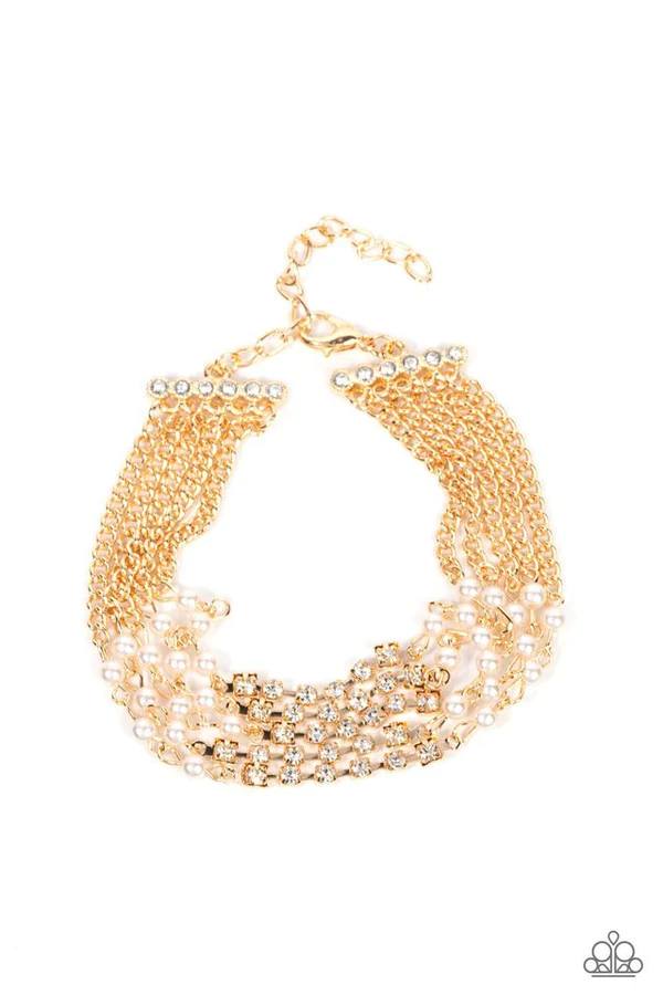 Experienced in Elegance - Gold Chain White Pearl and Rhinestone Clasp Bracelet