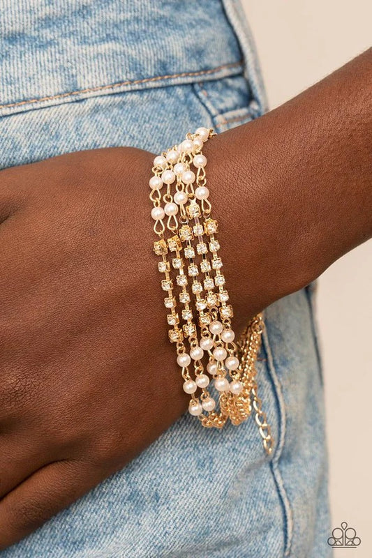 Experienced in Elegance - Gold Chain White Pearl and Rhinestone Clasp Bracelet