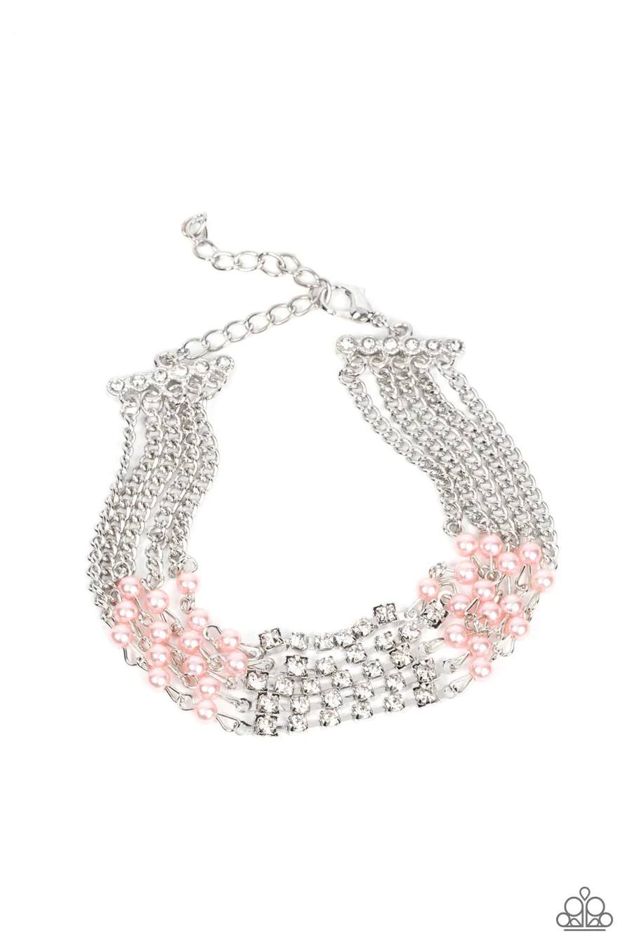 Experienced in Elegance - Silver Chain Pink Pearl and Rhinestone Clasp Bracelet