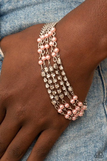 Experienced in Elegance - Silver Chain Pink Pearl and Rhinestone Clasp Bracelet