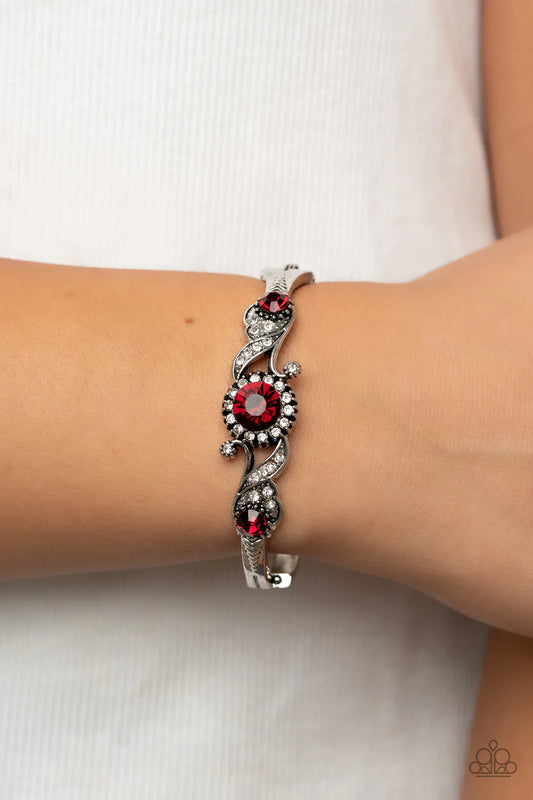 Expert Elegance - Red Rhinestone Silver Hinge Bracelet