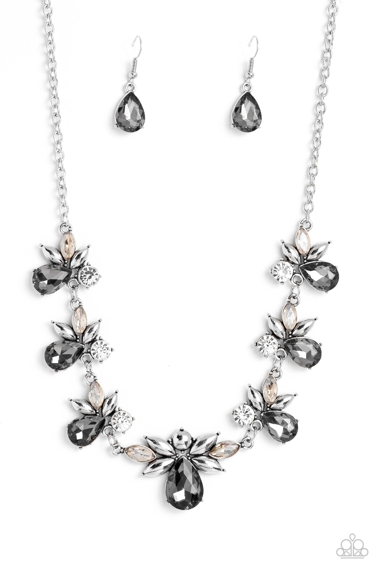 Explosive Effulgence - Silver Smoky and White Gem Short Necklace