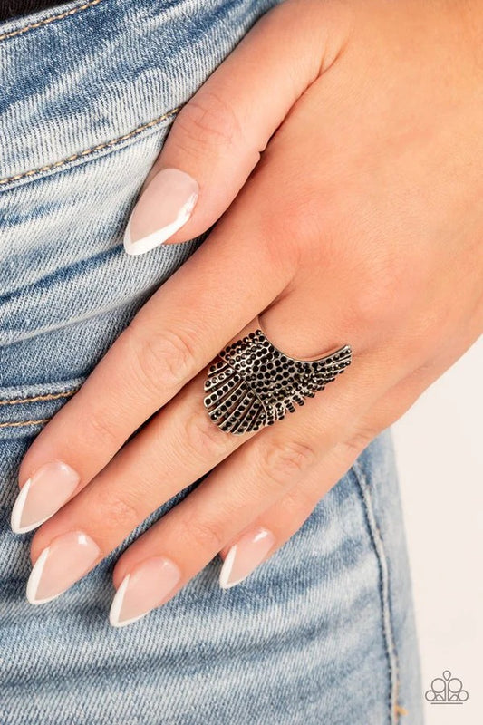 Express Your-SELFIE - Black Rhinestone Silver Feather Ring