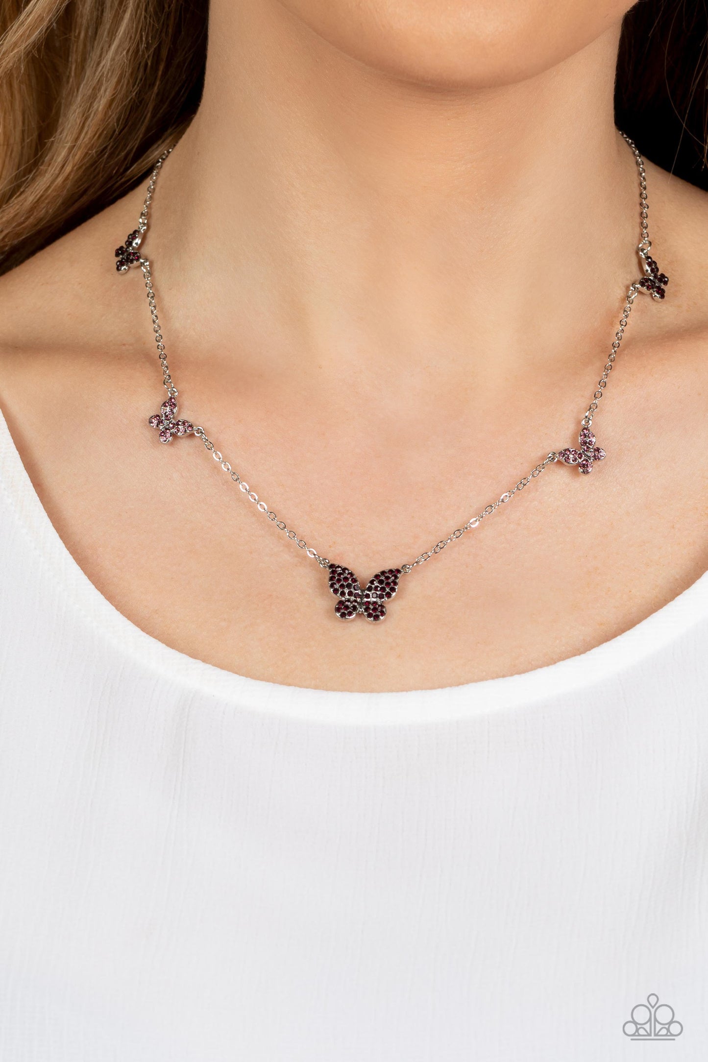 FAIRY Special - Purple Rhinestone Silver Butterfly Short Necklace