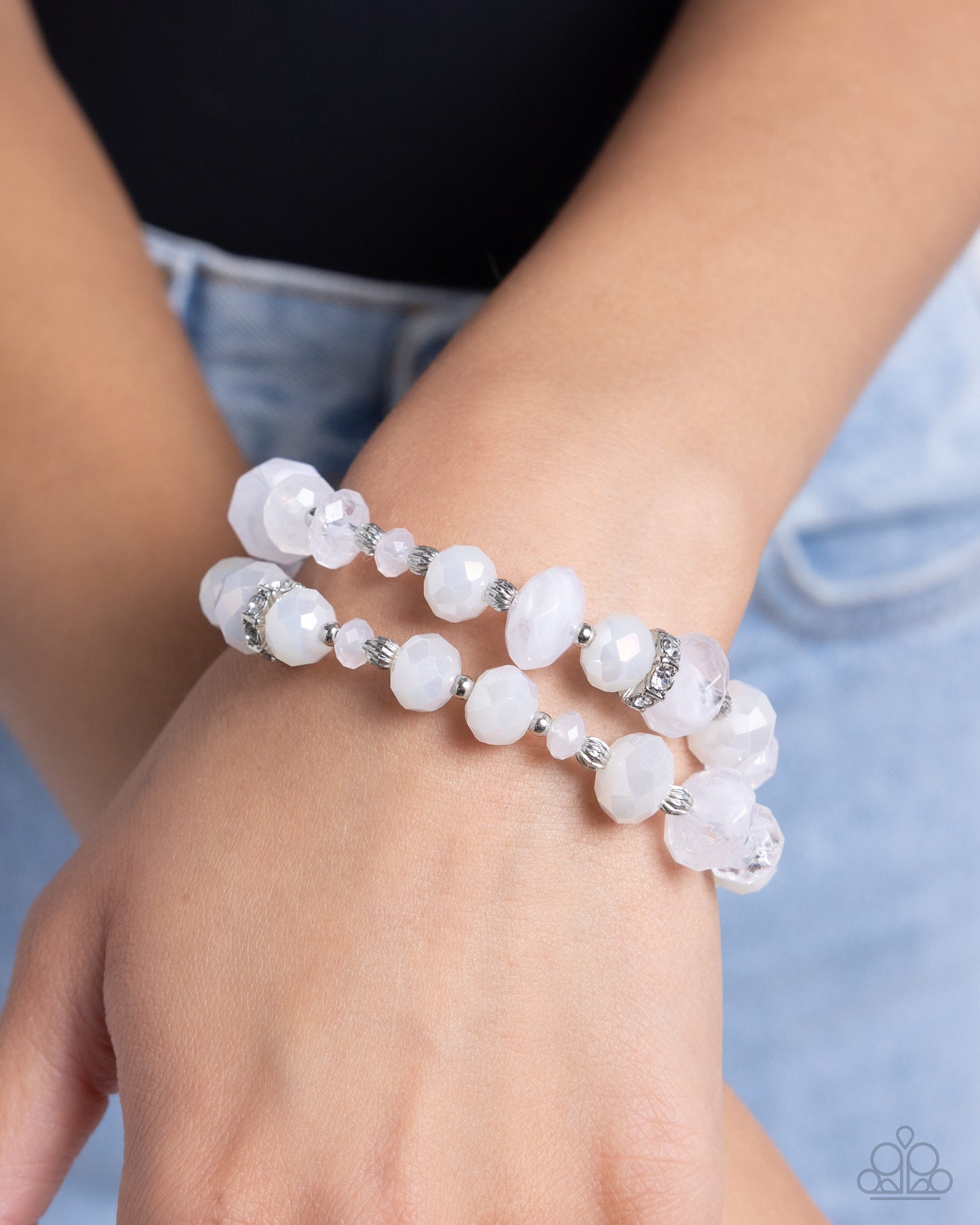 Faceted Fairy Tale - White Bead Silver Accent Stretchy Bracelet Set