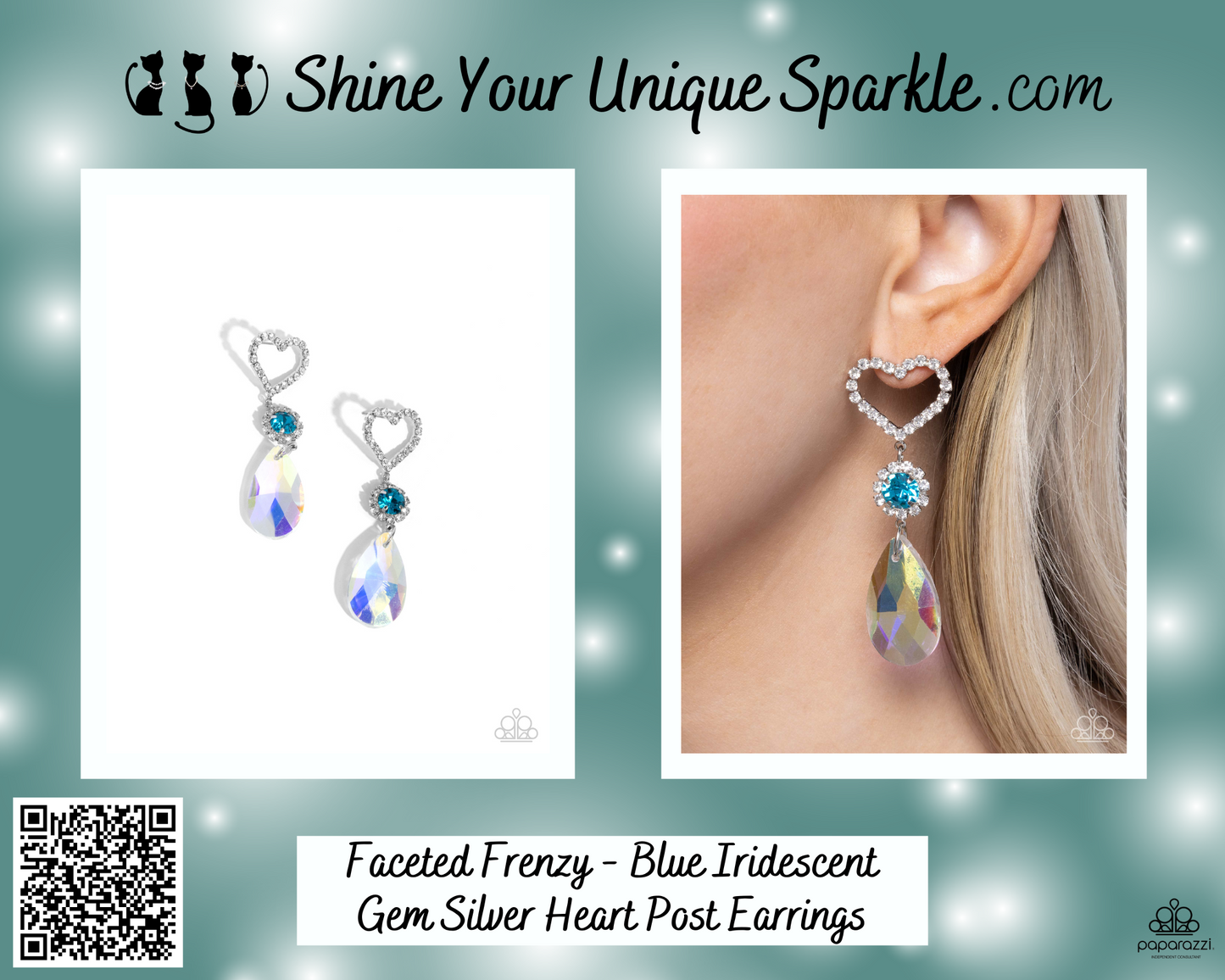 Faceted Frenzy - Blue Iridescent Gem Silver Heart Post Earrings