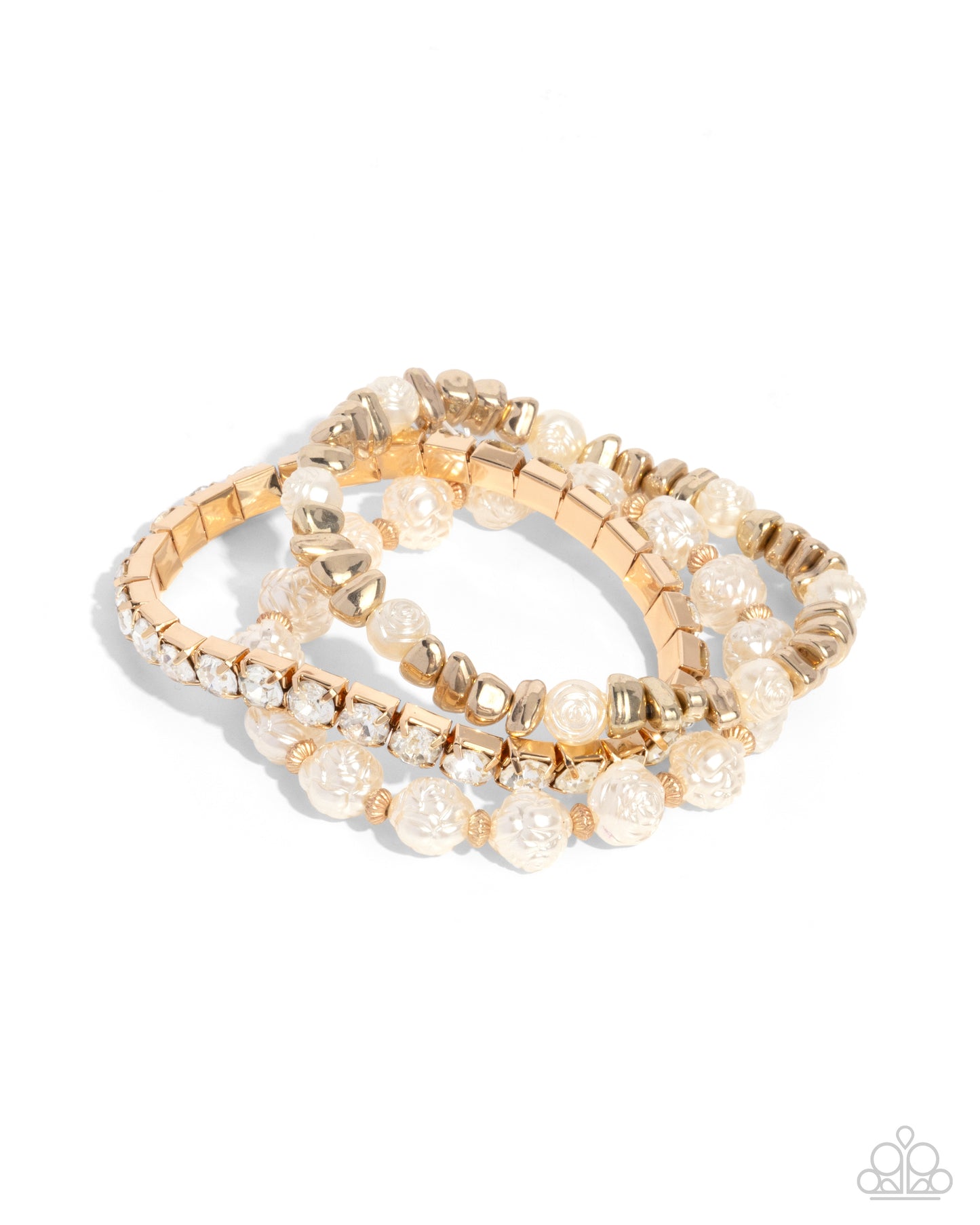 Fair Florals - Gold Bead White Gem Flower Stretchy Bracelet Set