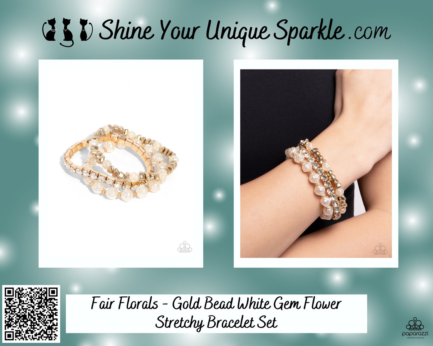 Fair Florals - Gold Bead White Gem Flower Stretchy Bracelet Set