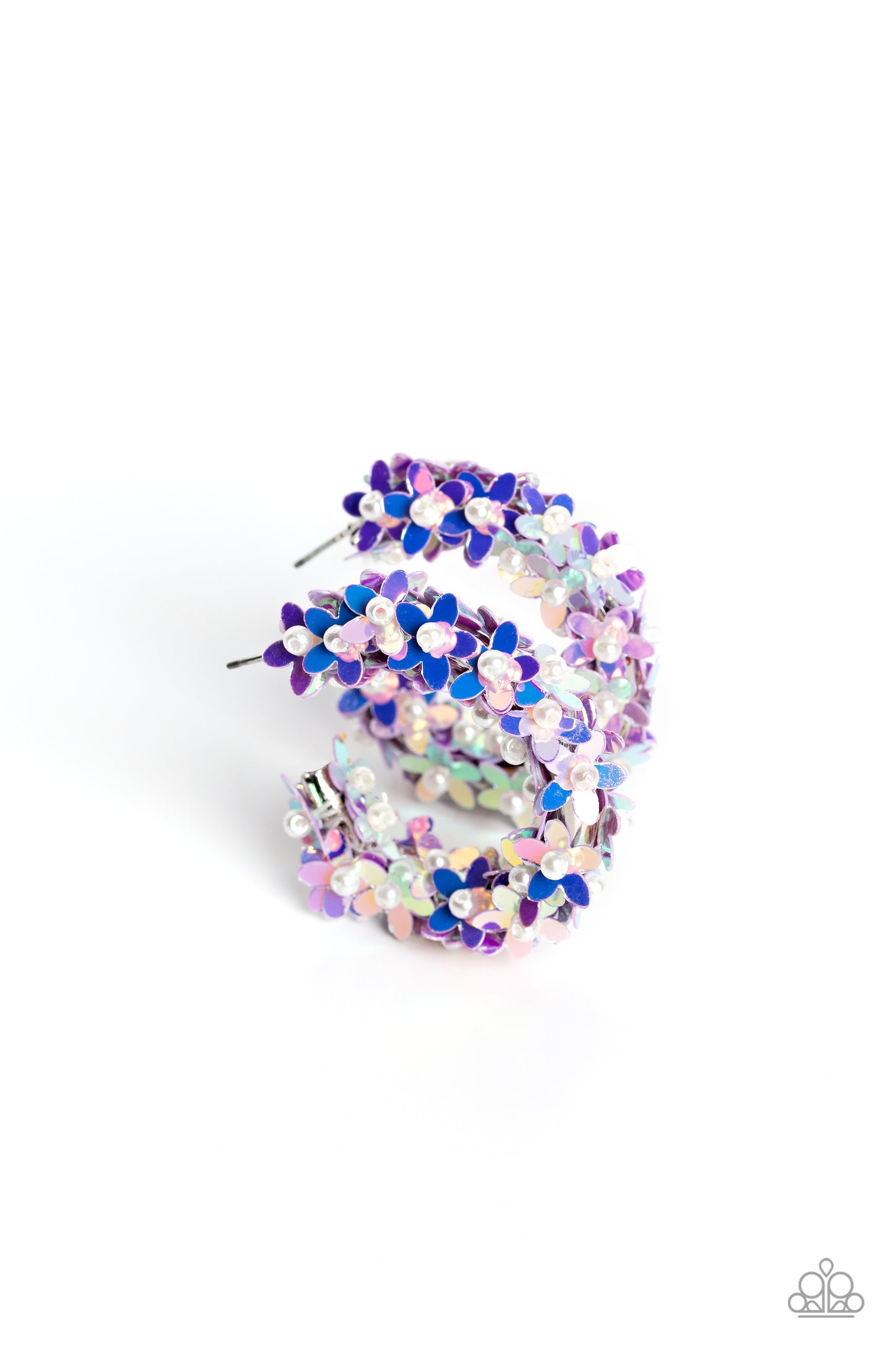 Fairy Fantasia - Purple Iridescent Flower Sequin White Pearl Hoop Post Earrings