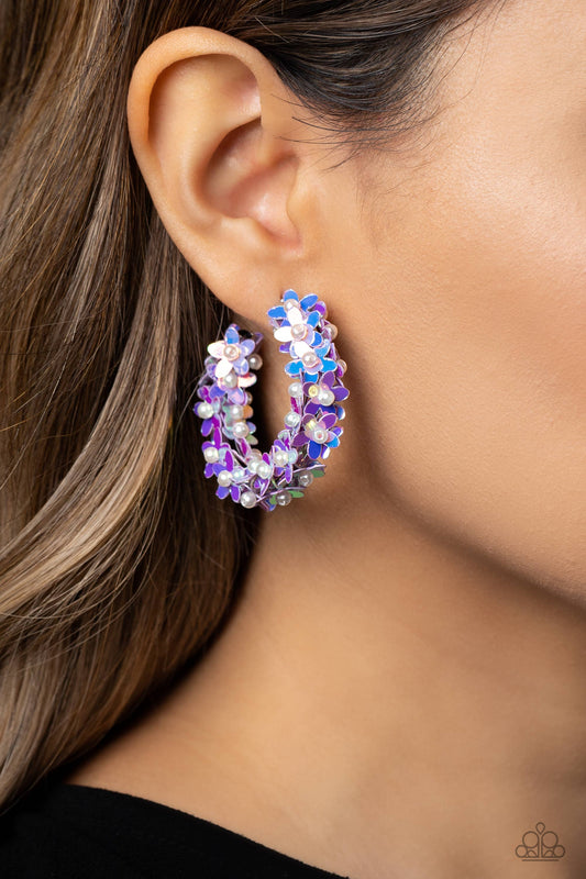 Fairy Fantasia - Purple Iridescent Flower Sequin White Pearl Hoop Post Earrings