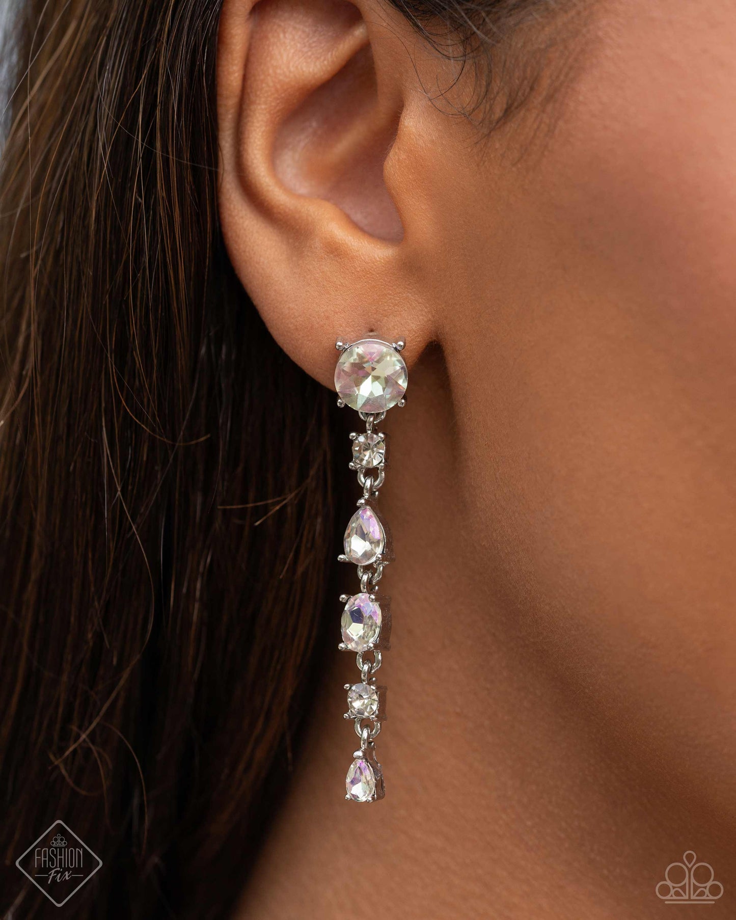 Fairytale Falls - White Iridescent Gem Silver Post Earrings - Fashion Fix