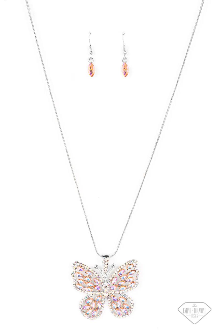 Fame and FLUTTER - Multi Iridescent Orange/Pink Rhinestone Silver Butterfly Short Necklace - Empire Diamond Exclusive