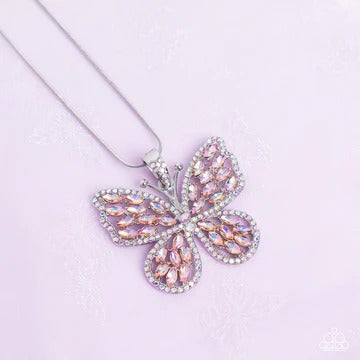 Fame and FLUTTER - Multi Iridescent Orange/Pink Rhinestone Silver Butterfly Short Necklace - Empire Diamond Exclusive