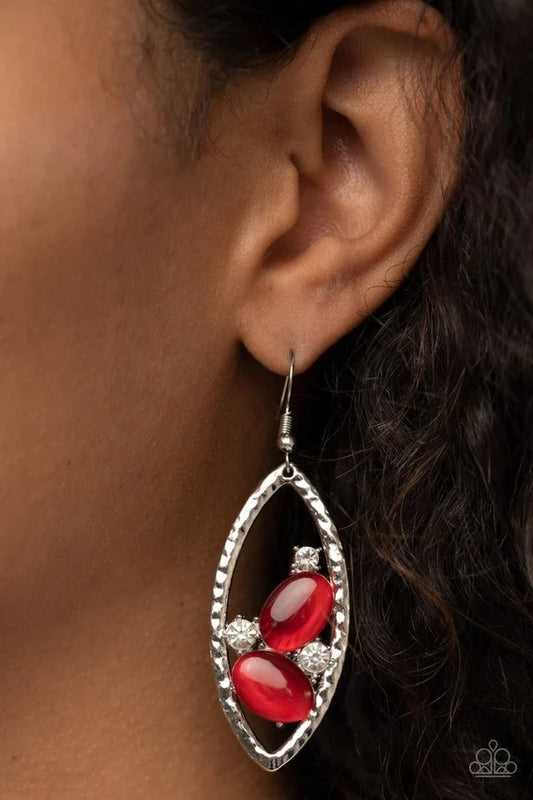 Famously Fashionable - Red Cat's Eye Silver Fishhook Earrings