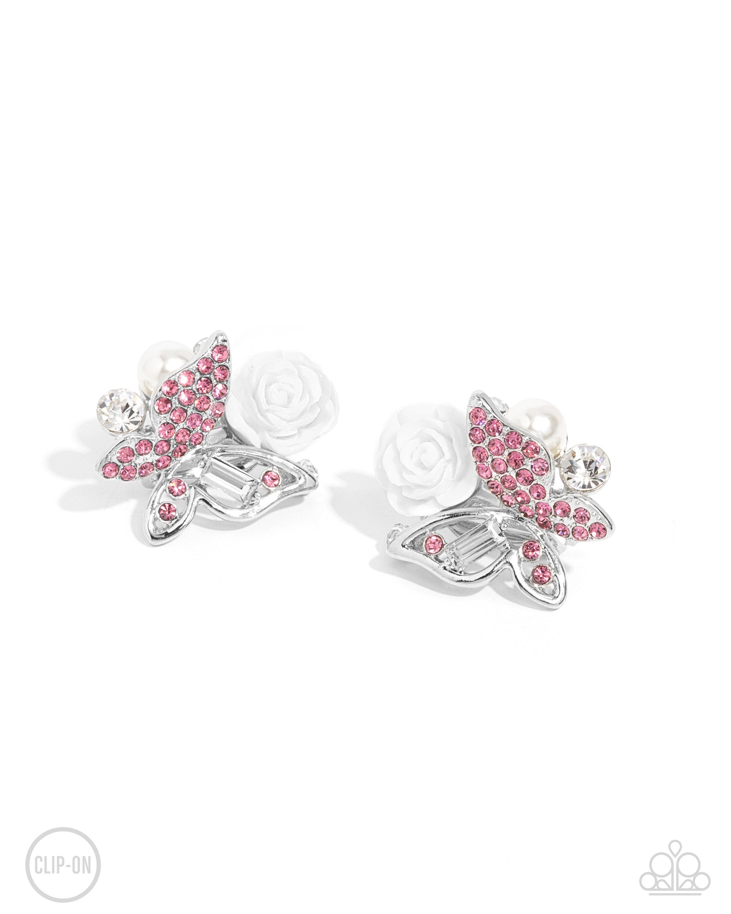 Fanciful Facade - Pink Rhinestone White Rose Silver Butterfly Clip-On Earrings