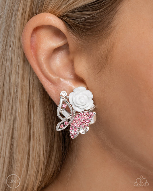 Fanciful Facade - Pink Rhinestone White Rose Silver Butterfly Clip-On Earrings