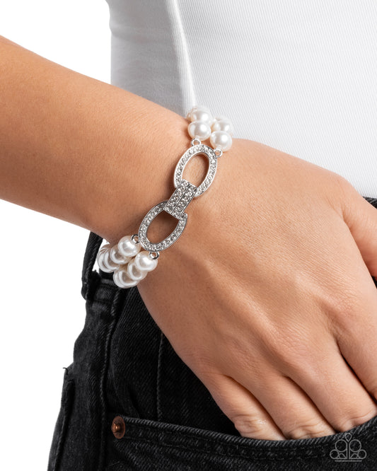 Fancy-Free Fanfare - White Pearl Rhinestone Silver Stretchy Bracelet