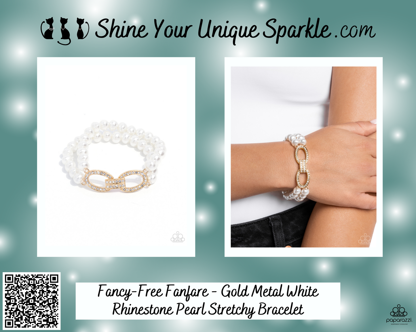 Fancy-Free Fanfare - Gold Metal White Rhinestone Pearl Stretchy Bracelet