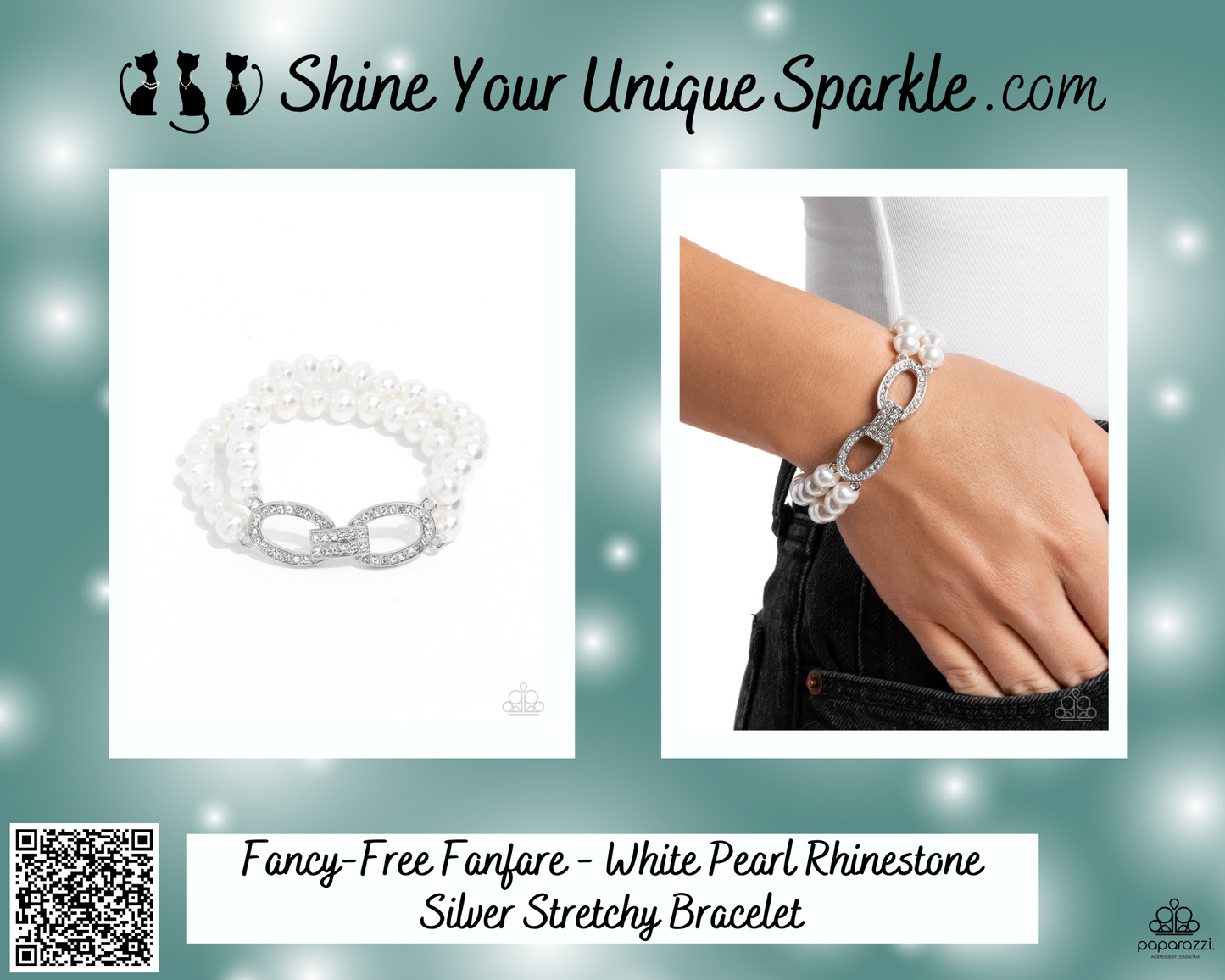 Fancy-Free Fanfare - White Pearl Rhinestone Silver Stretchy Bracelet