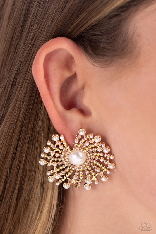 Fancy Fireworks - Gold with Iridescent Rhinestone and Pearl Swirl Post Earrings