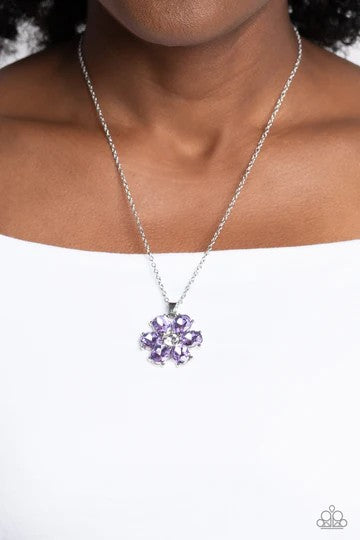 Fancy Flower Girl - Purple Gem Flower Silver Short Necklace