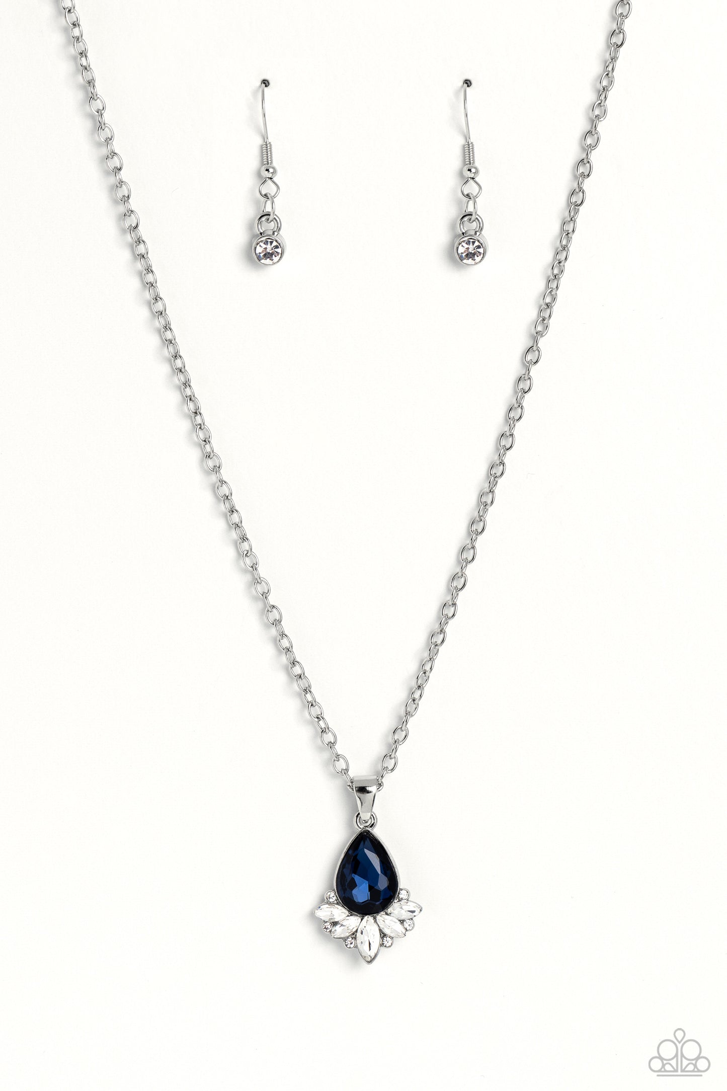 Fancy Fringe - Blue Gem Pendant Silver Short Necklace