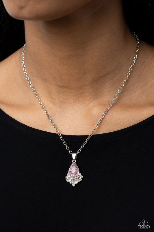 Fancy Fringe - Pink Gem Pendant Silver Short Necklace