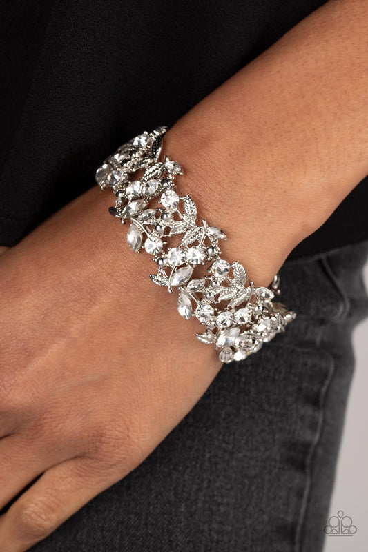 Feathered Finesse - White Rhinestone Silver Stretchy Bracelet