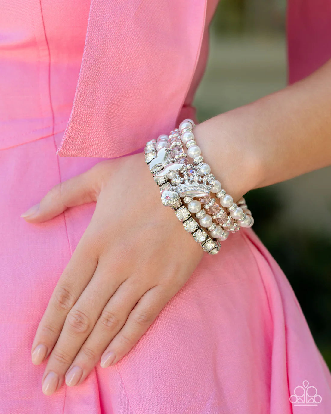 Feminine Charm - Pink Beads, White Pearls, White Gems with Queen Crown, Heart and Butterfly Charms Stretchy Bracelet Set - 2024 Convention Exclusive