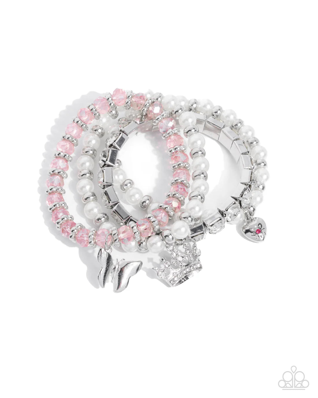 Feminine Charm - Pink Beads, White Pearls, White Gems with Queen Crown, Heart and Butterfly Charms Stretchy Bracelet Set - 2024 Convention Exclusive