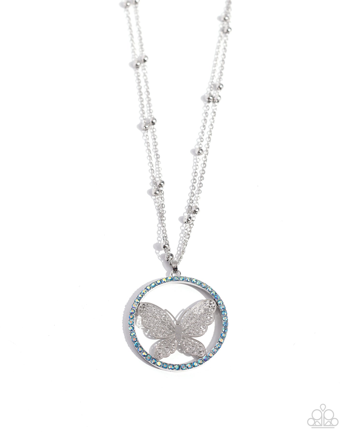 Festive Flight - Blue Iridescent Rhinestone Silver Butterfly Long Necklace