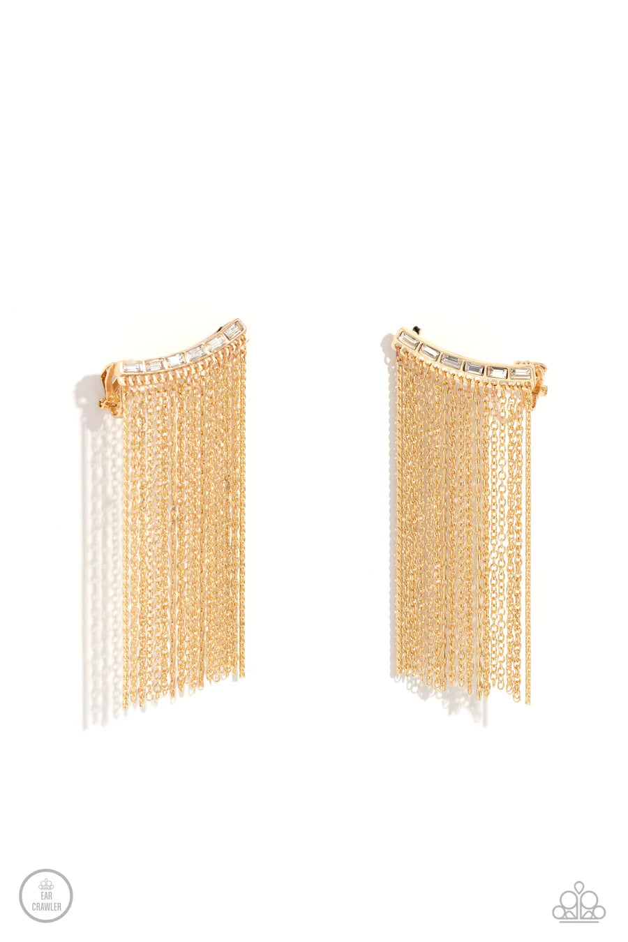 Feuding Fringe - Gold Chain Fringe White Rhinestone Post Crawler Earrings