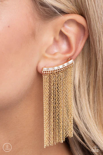 Feuding Fringe - Gold Chain Fringe White Rhinestone Post Crawler Earrings