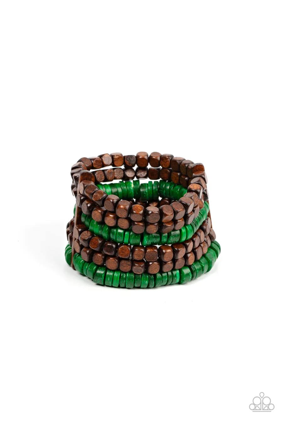 Fiji Fiesta - Green and Brown Wooden Stretchy Bracelet